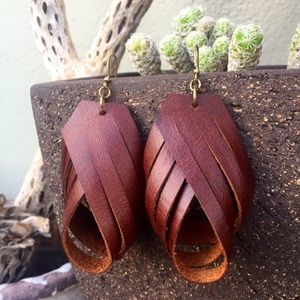 Brown Leather sculpted drop earrings
